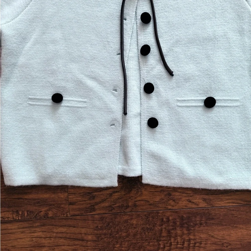 Vintage Knit Light Blue Secretary Style Cardigan with Bow Tie Front | Small